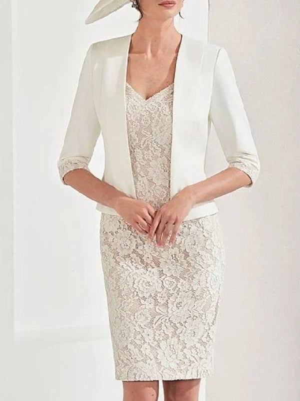Two Piece Sheath / Column Mother of the Bride Dress Elegant V Neck Knee Length Lace Satin 3/4 Length Sleeve with Appliques Two Piece Sheath / Column Mother of the Bride Dress Elegant V Neck Knee Length Lace Satin 3/4 Length Sleeve with Appliques