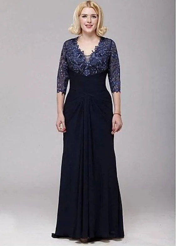 Navy Blue Mother Of The Bride Dresses A-line V-neck 3/4 Sleeves Chiffon Lace Beaded Groom Long Mother Dresses For Wedding