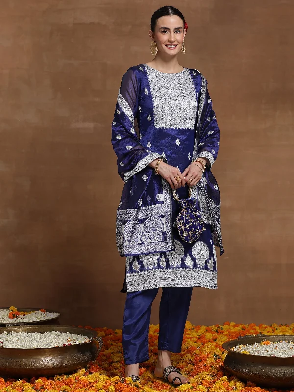 Women's Blue Woven Design Straight Kurta Trousers With Dupatta Set - Indo Era Trousers Striped Patterned