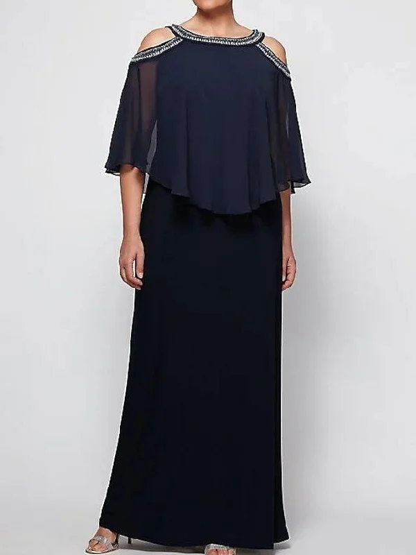 Sheath / Column Mother of the Bride Dress Elegant Jewel Neck Floor Length Chiffon Half Sleeve with Pleats Beading Sheath / Column Mother of the Bride Dress Elegant Jewel Neck Floor Length Chiffon Half Sleeve with Pleats Beading