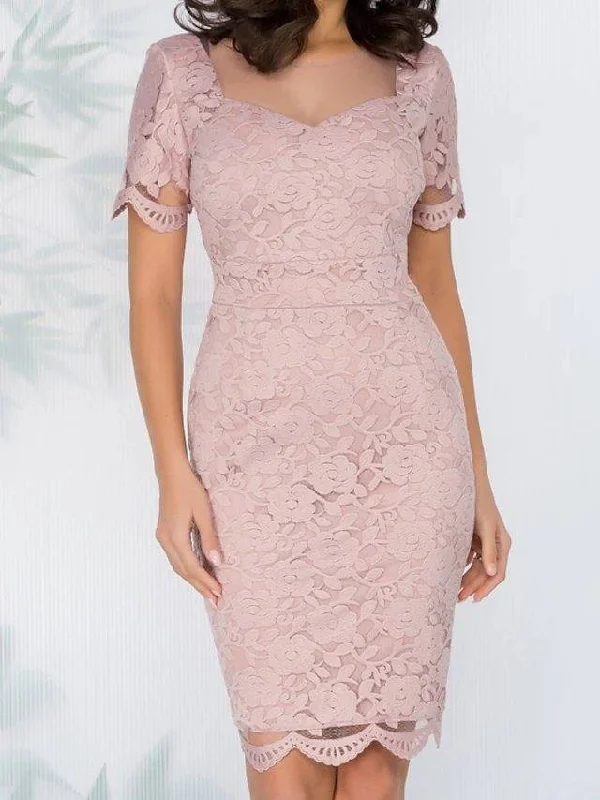 Sheath / Column Mother of the Bride Dress Elegant Square Neck Knee Length Lace Short Sleeve with Embroidery Sheath / Column Mother of the Bride Dress Elegant Square Neck Knee Length Lace Short Sleeve with Embroidery