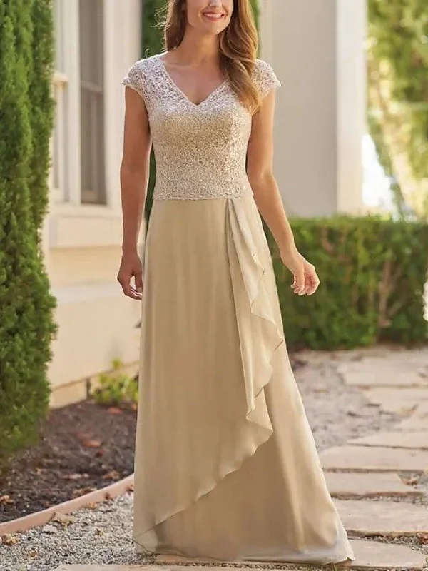 Sheath / Column Mother of the Bride Dress See Through Plunging Neck Floor Length Chiffon Short Sleeve with Side Draping Sheath / Column Mother of the Bride Dress See Through Plunging Neck Floor Length Chiffon Short Sleeve with Side Draping