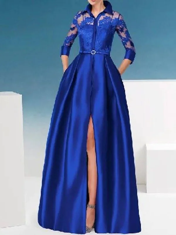 A-Line Mother of the Bride Dress Elegant Shirt Collar Floor Length Lace Satin 3/4 Length Sleeve with Appliques Split Front A-Line Mother of the Bride Dress Elegant Shirt Collar Floor Length Lace Satin 3/4 Length Sleeve with Appliques Split Front