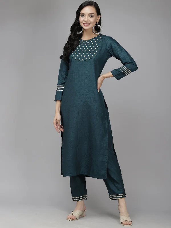 Women's Teal Embroidered Straight Kurta With Trouser Set - Indo Era Trousers Cargo Utility