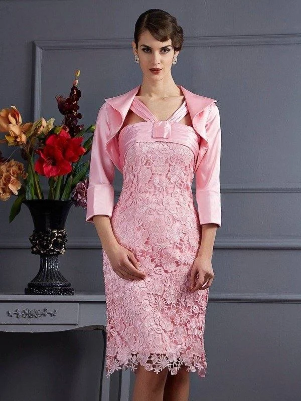 Sheath/Column Halter Sleeveless Lace Short Elastic Woven Satin Mother of the Bride Dresses Sheath/Column Halter Sleeveless Lace Short Elastic Woven Satin Mother of the Bride Dresses