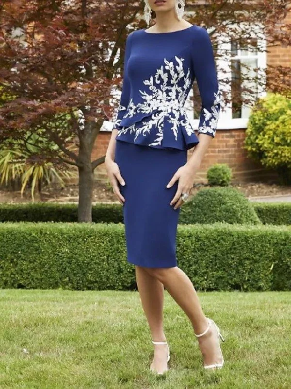 Sheath / Column Mother of the Bride Dress Elegant Jewel Neck Knee Length Italy Satin Half Sleeve with Appliques Sheath / Column Mother of the Bride Dress Elegant Jewel Neck Knee Length Italy Satin Half Sleeve with Appliques