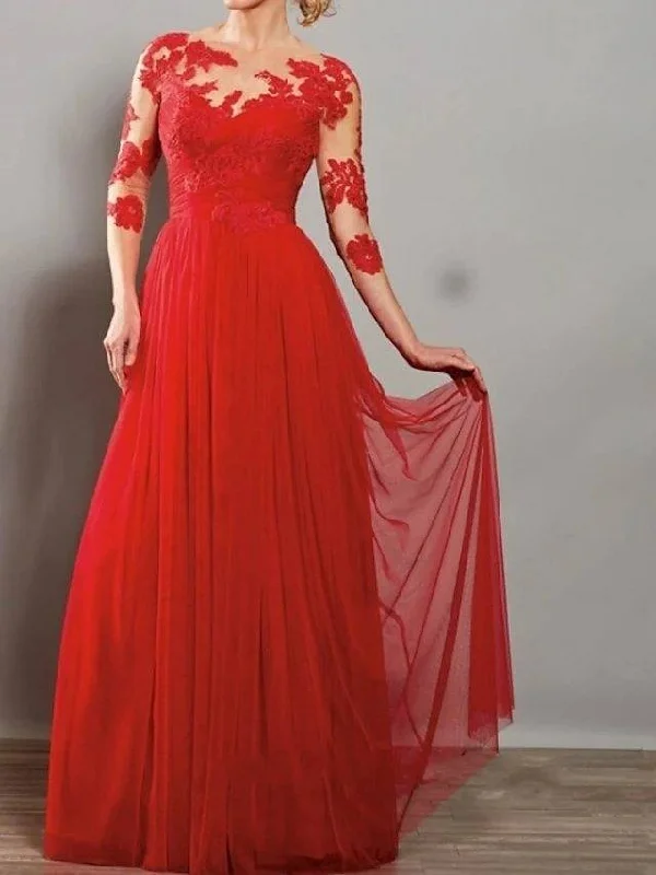 A-Line Mother of the Bride Dress Elegant Illusion Neck Floor Length Lace Tulle 3/4 Length Sleeve with Pleats Appliques A-Line Mother of the Bride Dress Elegant Illusion Neck Floor Length Lace Tulle 3/4 Length Sleeve with Pleats Appliques