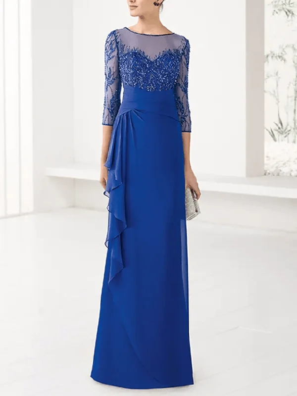 Sheath / Column Mother of the Bride Dress Elegant Jewel Neck Floor Length Chiffon Lace Tulle 3/4 Length Sleeve with Beading Appliques Sheath / Column Mother of the Bride Dress Elegant Jewel Neck Floor Length Chiffon Lace Tulle 3/4 Length Sleeve with Beading Appliques