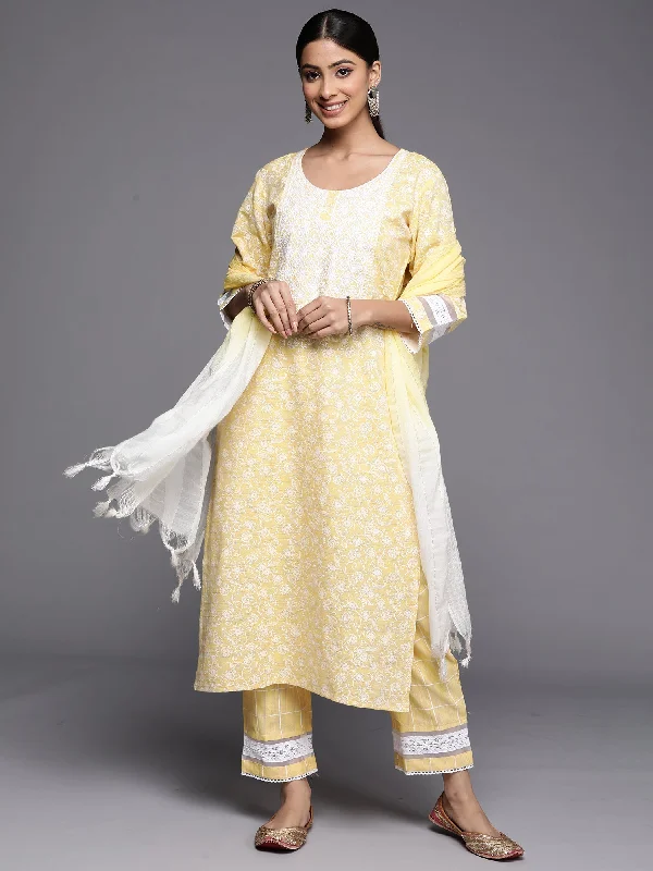 Women's Yellow Embroidered Straight Kurta Trousers With Dupatta Set - Indo Era Trousers practical durable