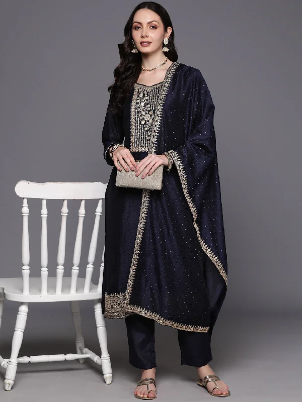 Women's Navy Blue Embroidered Straight Kurta Trousers With Dupatta  Set - Indo Era Trousers Exclusive Limited