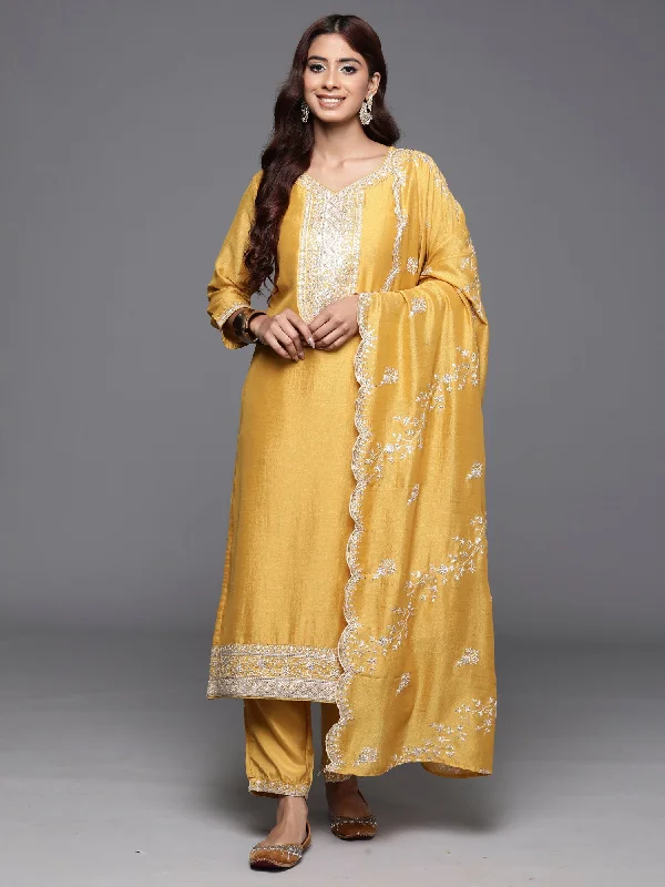 Women's Yellow Embroidered Straight Kurta Trousers With Dupatta Set - Indo Era Trousers sophisticated sleek