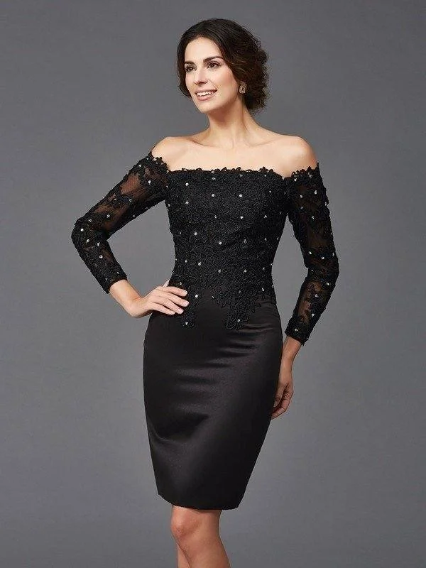 Sheath/Column Off-the-Shoulder Lace Long Sleeves Short Satin Mother of the Bride Dresses Sheath/Column Off-the-Shoulder Lace Long Sleeves Short Satin Mother of the Bride Dresses