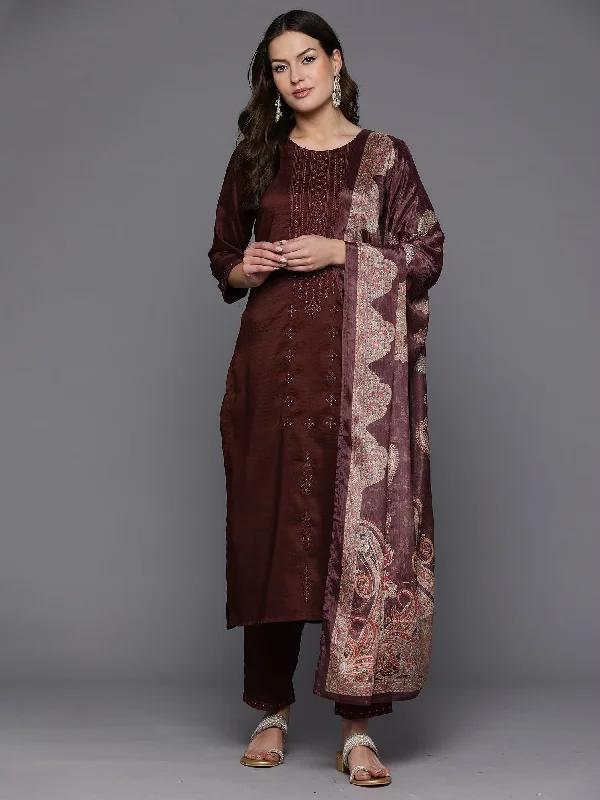 Women's Burgundy Embroidered Straight Kurta Trousers With Dupatta Set - Indo Era Trousers Mesh Breathable