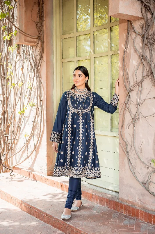 Pakistani Blue Dress in Frock Trouser Style for Eid Trousers Velvet Soft