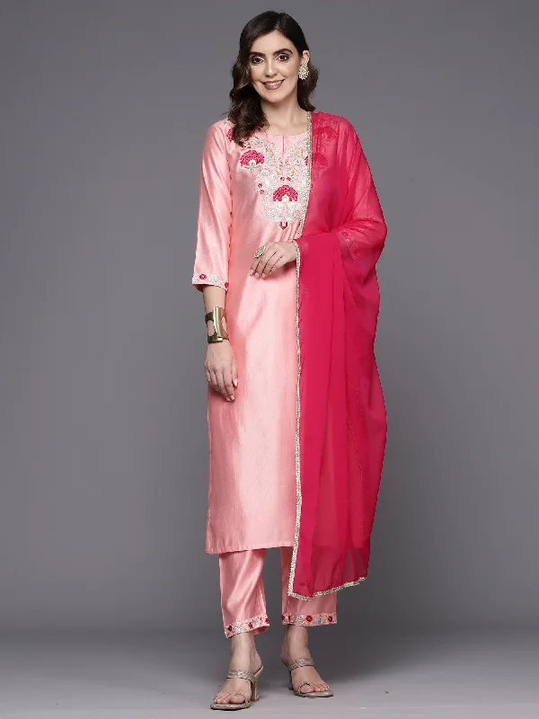 Women's Pink Embroidered Straight Kurta Trousers With Dupatta Set - Indo Era Trousers cozy comfortable