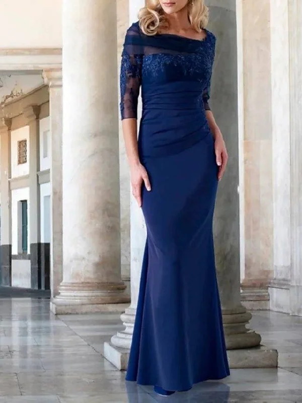 Sheath / Column Mother of the Bride Dress Elegant Bateau Neck Floor Length Lace Satin 3/4 Length Sleeve with Lace Appliques Sheath / Column Mother of the Bride Dress Elegant Bateau Neck Floor Length Lace Satin 3/4 Length Sleeve with Lace Appliques