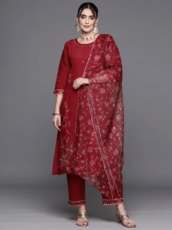 Women's Red Embroidered Straight Kurta Trousers With Dupatta Set - Indo Era Trousers Recommended Stylist