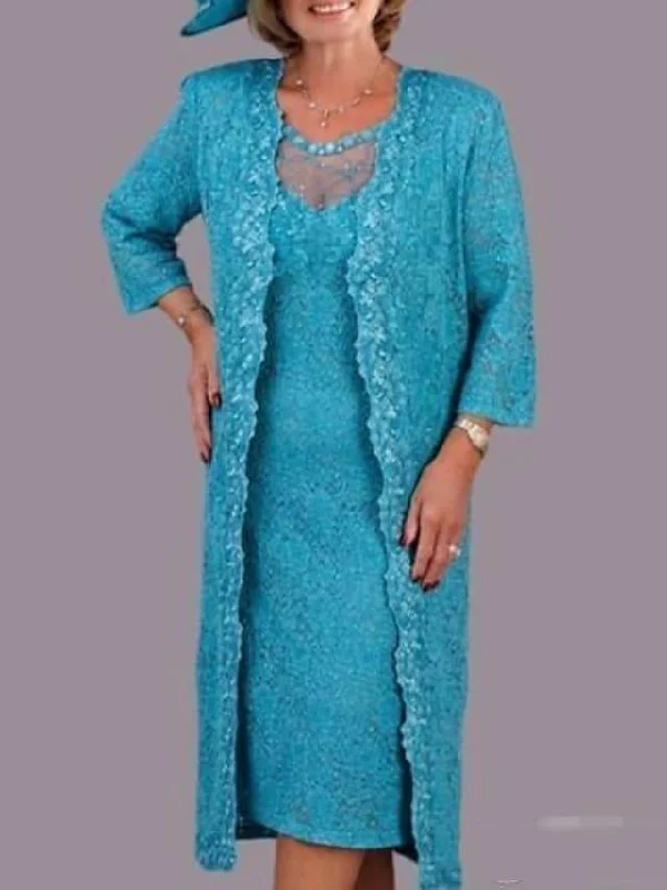 Sheath / Column Mother of the Bride Dress Vintage Illusion Neck Knee Length Lace Short Sleeve with Lace