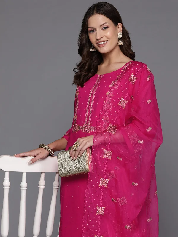 Women's Pink Embroidered Straight Kurta Trousers With Dupatta Set - Indo Era Trousers Plaid Checkered