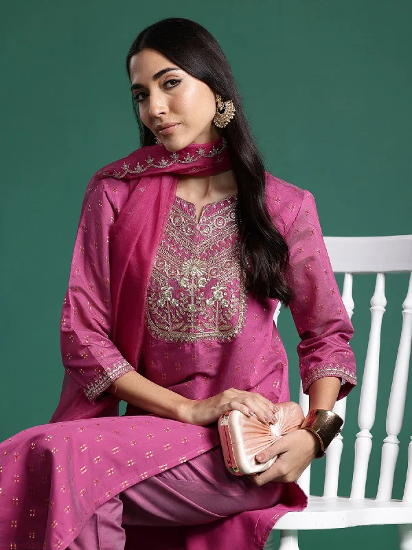 Women's Mauve Embroidered Straight Kurta Trousers With Dupatta Set - Indo Era Trousers Ceremony Elegant