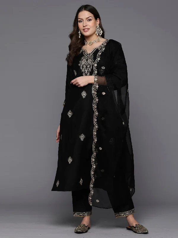 Women's Black Embroidered Straight Kurta Trousers With Dupatta Set - Indo Era Trousers Chinos Classic