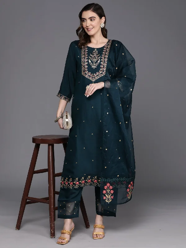 Women's Blue Embroidered Straight Kurta Trousers With Dupatta Set - Indo Era Trousers Bestseller Popular