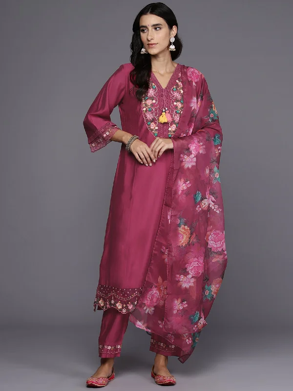 Women's Pink Embroidered A-Line Kurta Trousers With Dupatta Set - Indo Era Trousers Trousers Formal