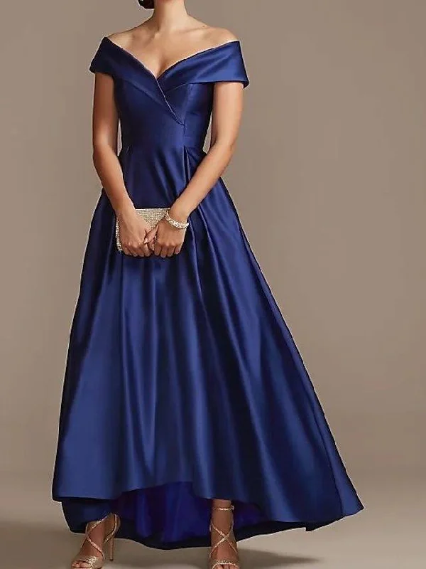 A-Line Mother of the Bride Dress Elegant Off Shoulder Asymmetrical Satin Short Sleeve with Pleats A-Line Mother of the Bride Dress Elegant Off Shoulder Asymmetrical Satin Short Sleeve with Pleats