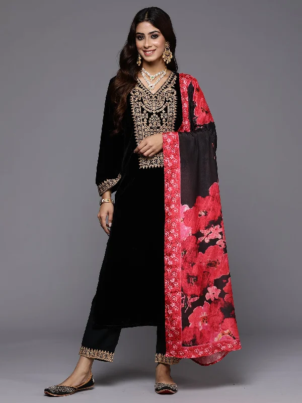 Women's Black Embroidered Straight Kurta Trousers With Dupatta Set - Indo Era Trousers chic fashionable