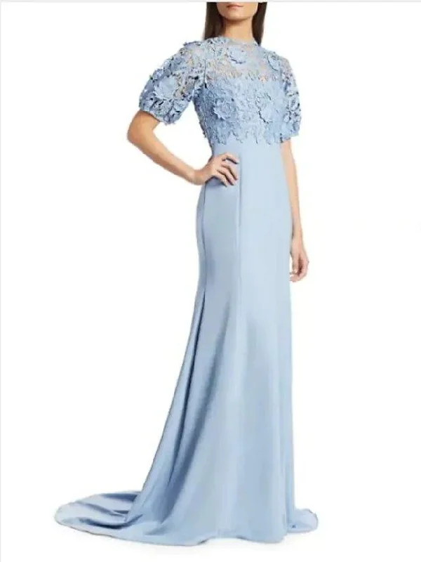 Sheath / Column Mother of the Bride Dress Elegant Jewel Neck Sweep / Brush Train Polyester Short Sleeve with Appliques Sheath / Column Mother of the Bride Dress Elegant Jewel Neck Sweep / Brush Train Polyester Short Sleeve with Appliques