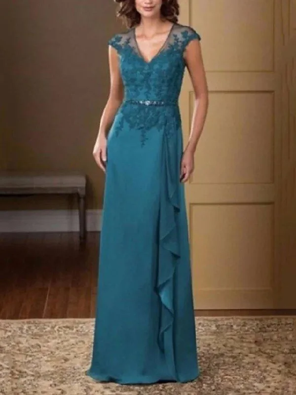 Sheath / Column Mother of the Bride Dress Elegant V Neck Floor Length Chiffon Lace Short Sleeve with Sash / Ribbon Embroidery Sheath / Column Mother of the Bride Dress Elegant V Neck Floor Length Chiffon Lace Short Sleeve with Sash / Ribbon Embroidery