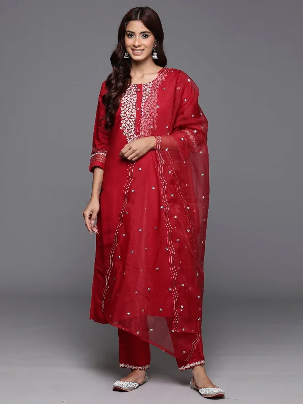 Women's Red Embroidered Straight Kurta Trousers With Dupatta Set - Indo Era Trousers Fleece Cozy