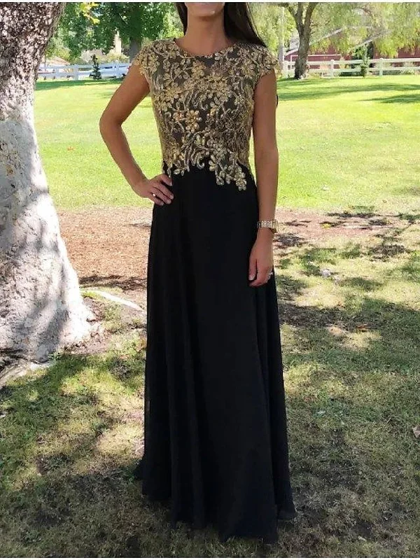 Sheath / Column Mother of the Bride Dress Elegant Jewel Neck Floor Length Chiffon Lace Short Sleeve with Appliques Ruching Sheath / Column Mother of the Bride Dress Elegant Jewel Neck Floor Length Chiffon Lace Short Sleeve with Appliques Ruching