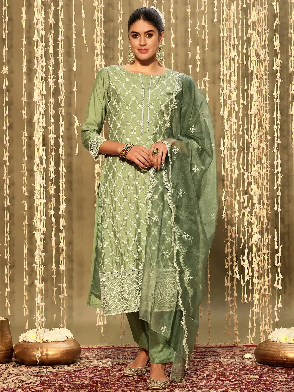 Women's Green Embroidered Straight Kurta Trousers With Dupatta Set - Indo Era Trousers trendy modern