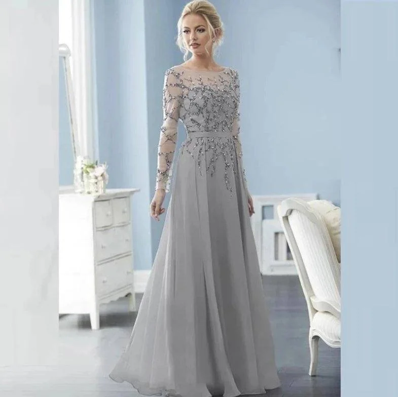 Silver Mother Of The Bride Dresses A-line Long Sleeves Chiffon Beaded Backless Plus Size Long Groom Mother Dresses Wedding Silver Mother Of The Bride Dresses A-line Long Sleeves Chiffon Beaded Backless Plus Size Long Groom Mother Dresses Wedding