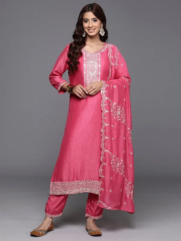 Women's Pink Embroidered Straight Kurta Trousers With Dupatta Set - Indo Era Trousers stylish modern