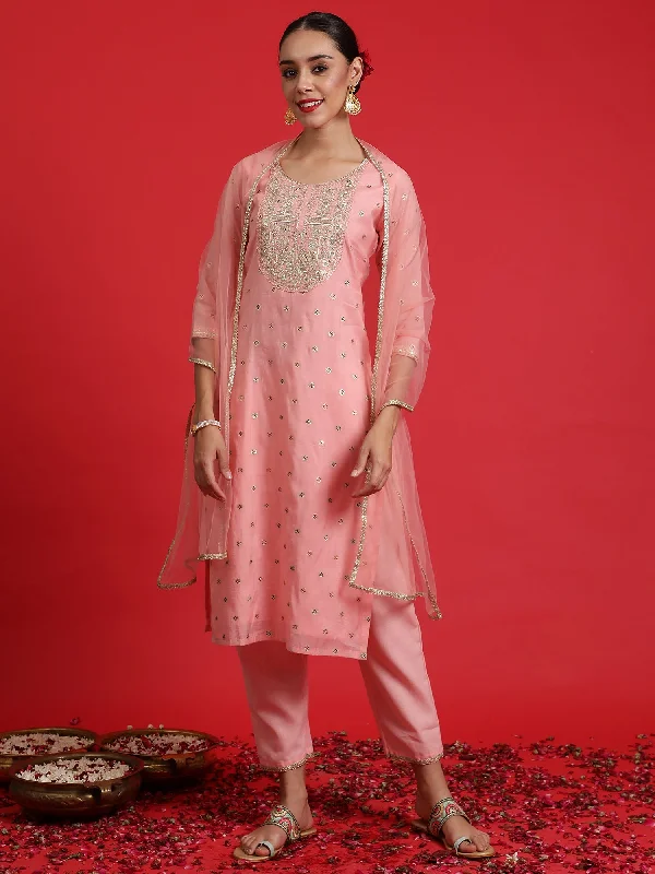 Women's Pink Embroidered Straight Kurta Trousers With Dupatta Set - Indo Era Trousers Satin Smooth