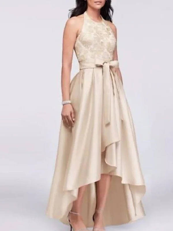 A-Line Mother of the Bride Dress Elegant Halter Neck Asymmetrical Satin Sleeveless with Bow(s) A-Line Mother of the Bride Dress Elegant Halter Neck Asymmetrical Satin Sleeveless with Bow(s)