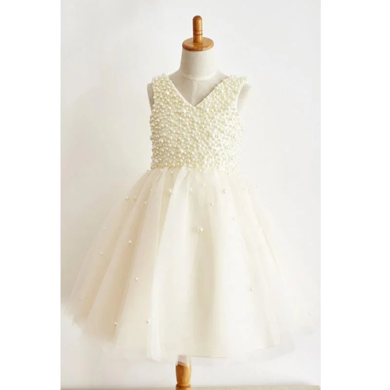 Charming Cheap A-Line V-Neck Floor-Length Ivory Tulle Flower Girl Dress with Pearls, FG127 Charming Cheap A-Line V-Neck Floor-Length Ivory Tulle Flower Girl Dress with Pearls, FG127
