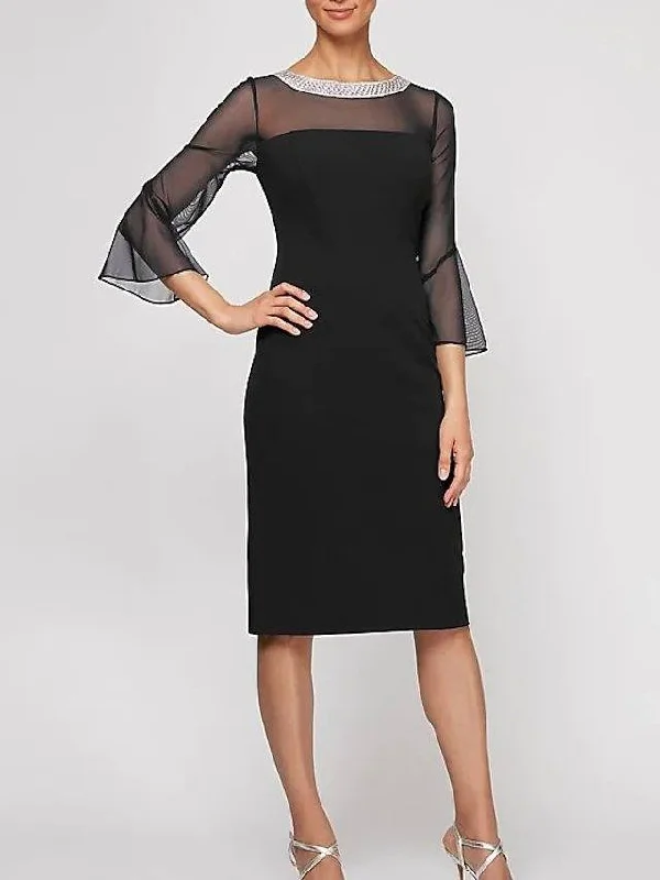 Sheath / Column Mother of the Bride Dress Elegant Sexy Jewel Neck Knee Length Chiffon Tulle 3/4 Length Sleeve with Beading Sheath / Column Mother of the Bride Dress Elegant Sexy Jewel Neck Knee Length Chiffon Tulle 3/4 Length Sleeve with Beading