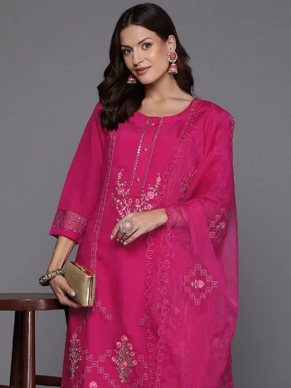 Women's Pink Embroidered Straight Kurta Trousers With Dupatta Set - Indo Era Trousers Leather Faux