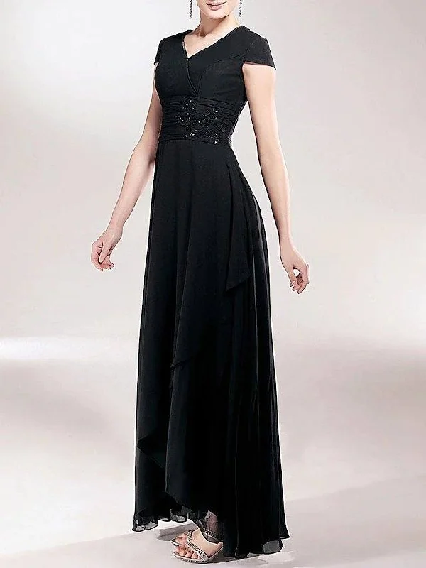 Sheath / Column Mother of the Bride Dress Little Black Dress V Neck Asymmetrical Chiffon Short Sleeve with Ruched Beading Appliques Sheath / Column Mother of the Bride Dress Little Black Dress V Neck Asymmetrical Chiffon Short Sleeve with Ruched Beading Appliques