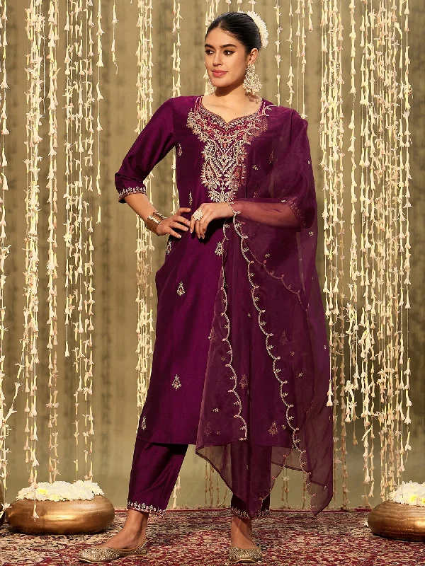 Women's Purple Embroidered Straight Kurta Trousers With Dupatta Set - Indo Era Trousers Office Stylish