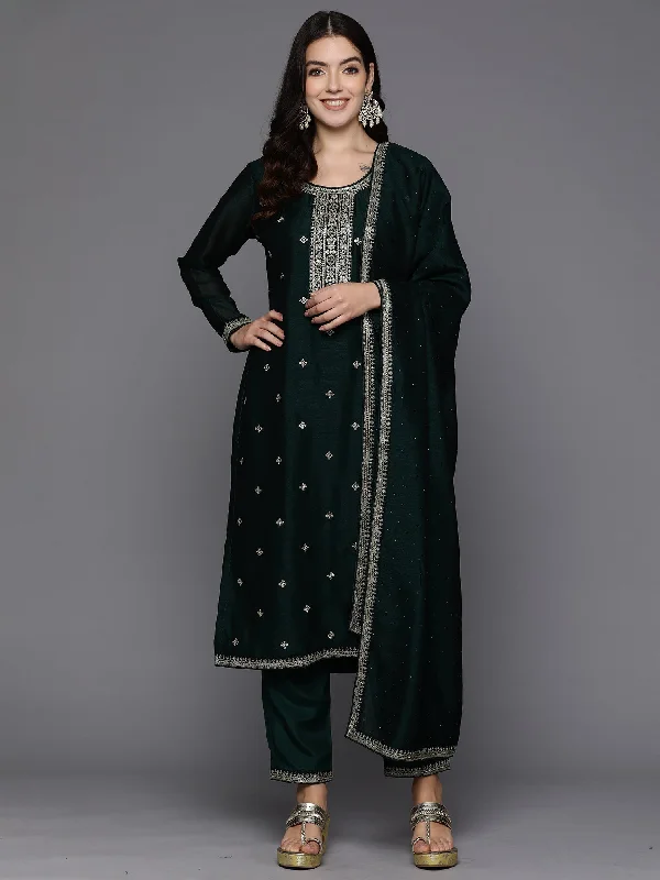 Women's Green Embroidered Straight Kurta Trousers With Dupatta Set - Indo Era Trousers Flared Retro