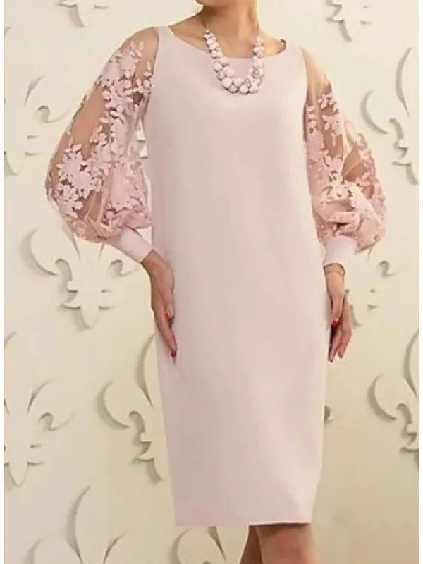 Sheath / Column Mother of the Bride Dress Elegant Jewel Neck Knee Length Lace Satin Long Sleeve with Appliques Sheath / Column Mother of the Bride Dress Elegant Jewel Neck Knee Length Lace Satin Long Sleeve with Appliques