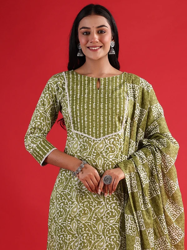 Women's Green Printed Straight Kurta Trousers With Dupatta Set - Indo Era Trousers Bridal Satin