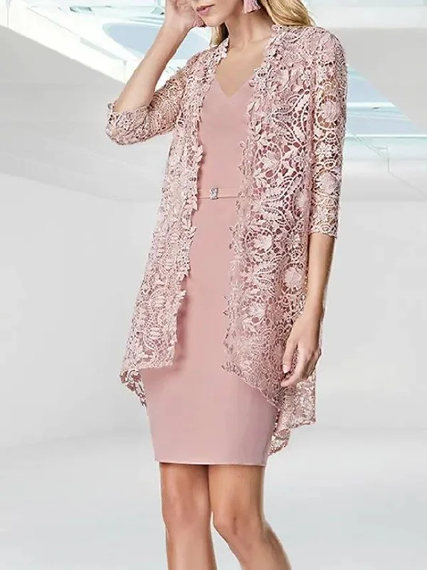 Two Piece Sheath / Column Mother of the Bride Dress Elegant V Neck Knee Length Lace Stretch Fabric Half Sleeve with Sash / Ribbon Appliques Two Piece Sheath / Column Mother of the Bride Dress Elegant V Neck Knee Length Lace Stretch Fabric Half Sleeve with Sash / Ribbon Appliques