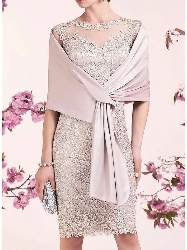 Sheath / Column Mother of the Bride Dress Elegant Illusion Neck Jewel Neck Knee Length Lace Satin Sleeveless with Embroidery Sheath / Column Mother of the Bride Dress Elegant Illusion Neck Jewel Neck Knee Length Lace Satin Sleeveless with Embroidery