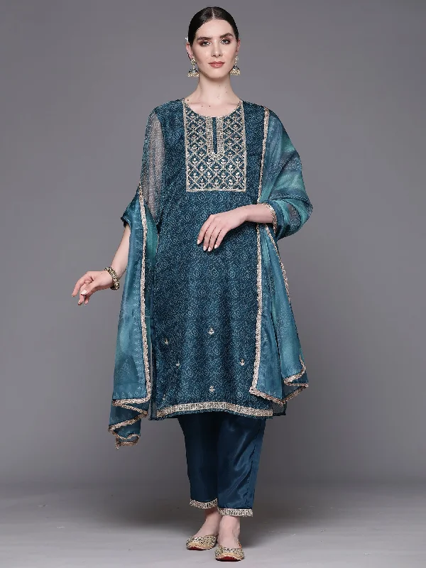 Women's Blue Embroidered Straight Kurta Trousers With Dupatta Set - Indo Era Chinos Cotton Straight Leg