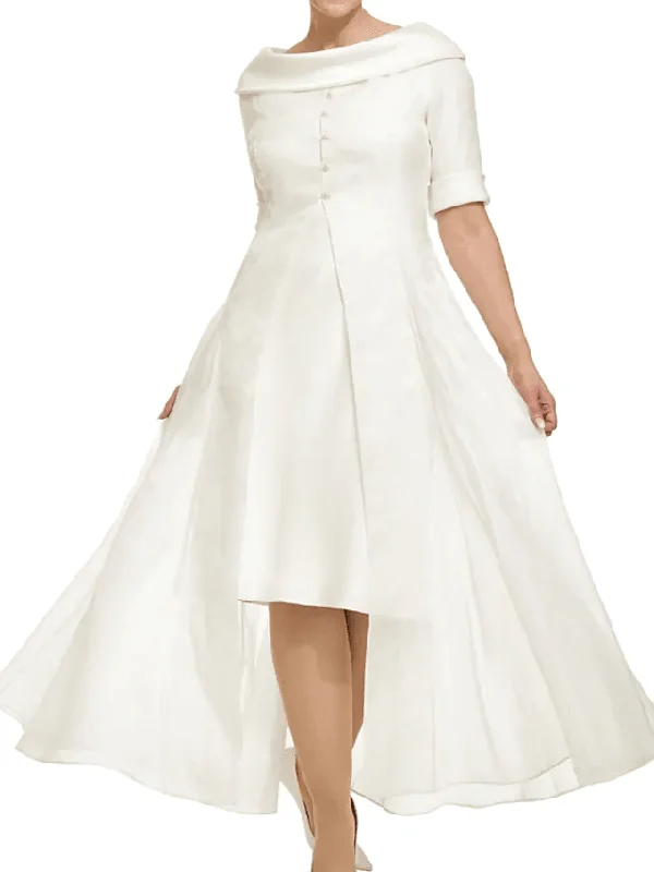 Sheath / Column Mother of the Bride Dress Elegant Cowl Neck Knee Length Chiffon Satin Half Sleeve with Buttons Sheath / Column Mother of the Bride Dress Elegant Cowl Neck Knee Length Chiffon Satin Half Sleeve with Buttons